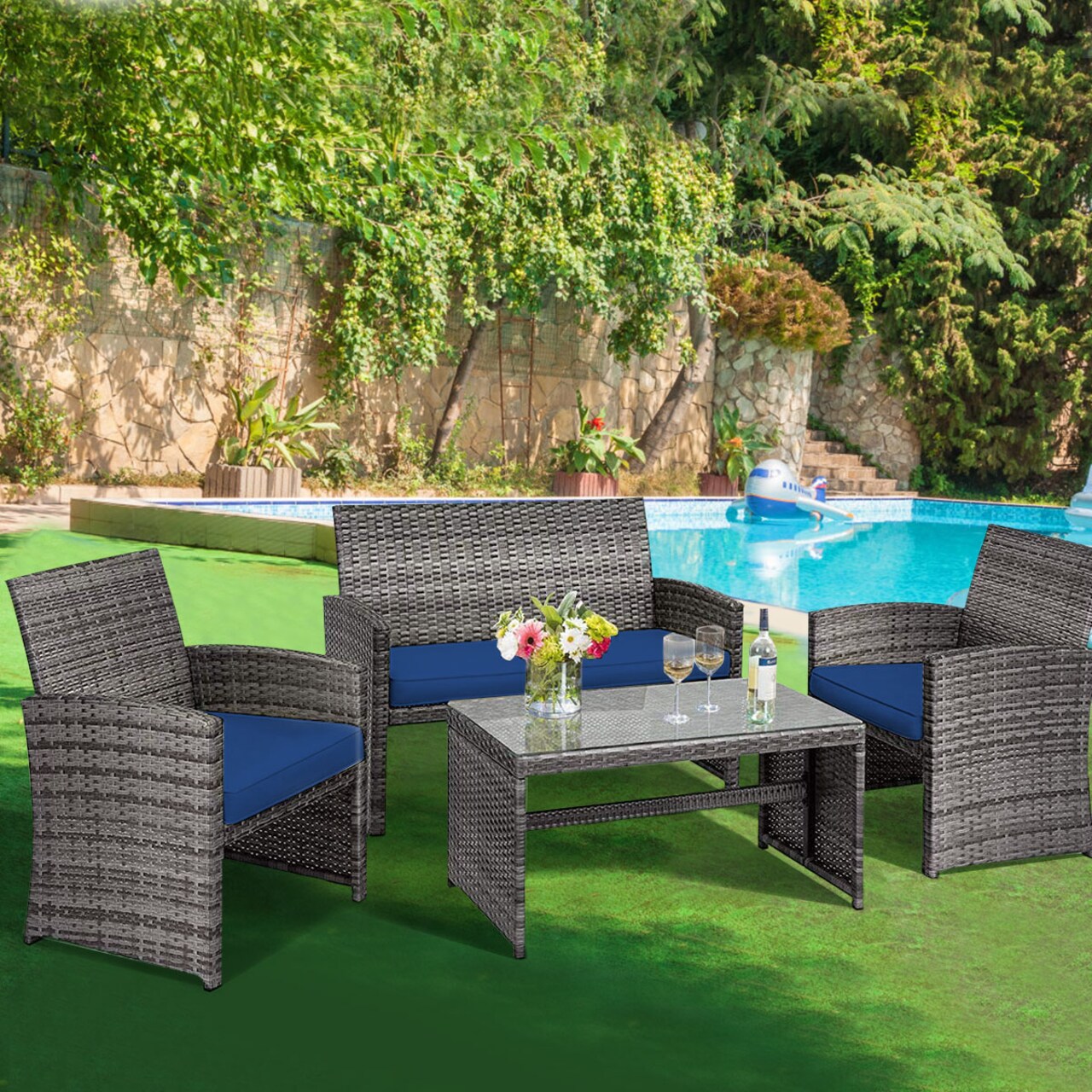 Costway 4PCS Patio Rattan Furniture Set Conversation Glass Table Top Cushioned Turquoise/Red/Grey/Beige/Navy/Black